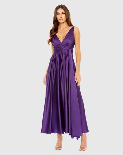 Mac Duggal Purple Ruched Top Satin Pleated Tea Length Dress