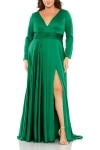 Mac Duggal Quarter Sleeve Satin V Neck A Line Gown In Emerald