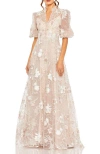 Mac Duggal Queen Anne Puff Sleeve A-line Gown In Neutral