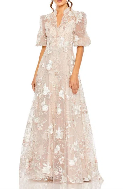 Mac Duggal Queen Anne Puff Sleeve A-line Gown In Neutral
