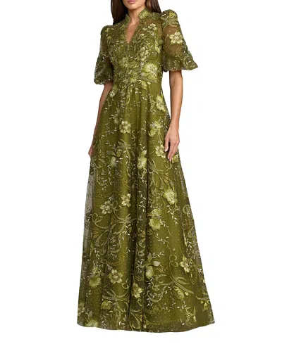 Mac Duggal Queen Anne Puff Sleeve A Line Gown In Green