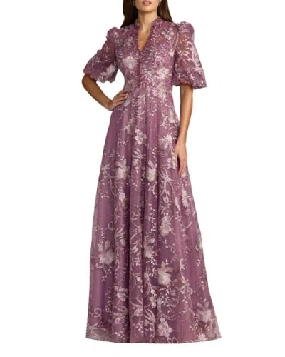 Mac Duggal Floral-embroidered Puff A-line Gown In Purple