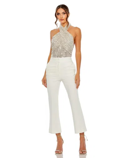 Mac Duggal R26830 Formal Halter Neckline Sequined Top In Silver