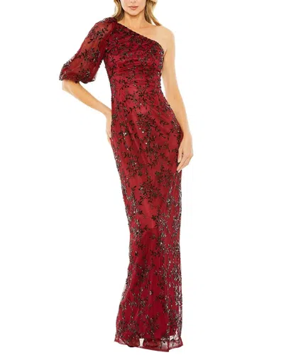 Pre-owned Mac Duggal Red Black One-shoulder Puff Sleeve Embellished Column Gown 4 $598