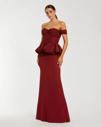 Mac Duggal Red Off The Shoulder Peplum Trumpet Gown In Ruby