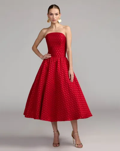 Mac Duggal Red Strapless Polka Dot Brocade Midi Dress In Red Multi