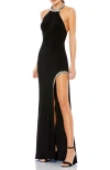 Mac Duggal Beaded Halter Jersey Evening Gown In Black