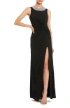 Mac Duggal Rhinestone Embellished High Neck Twist Waist Jersey Gown In Black