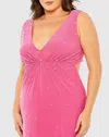 Mac Duggal Rhinestone Embellished Open Back Jersey Plus Size Gown In Hot Pink