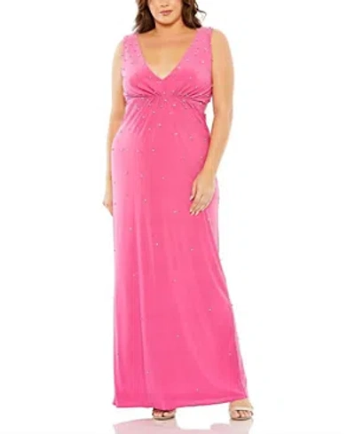 Mac Duggal Rhinestone Embellished Open Back Jersey Plus Size Gown In Hot Pink