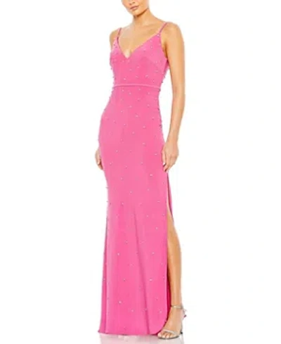 Mac Duggal Rhinestone Embellished V-neck Gown In Candy Pink