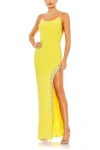 Mac Duggal Rhinestone Encrusted Side Slit Cami Bodycon Gown In Yellow