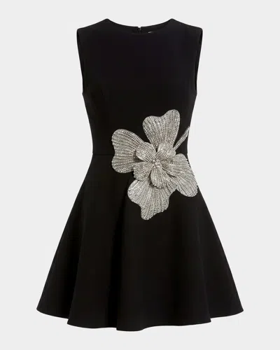 Mac Duggal Crepe Sleeveless Rhinestone Flower Detail Mini Dress In Black