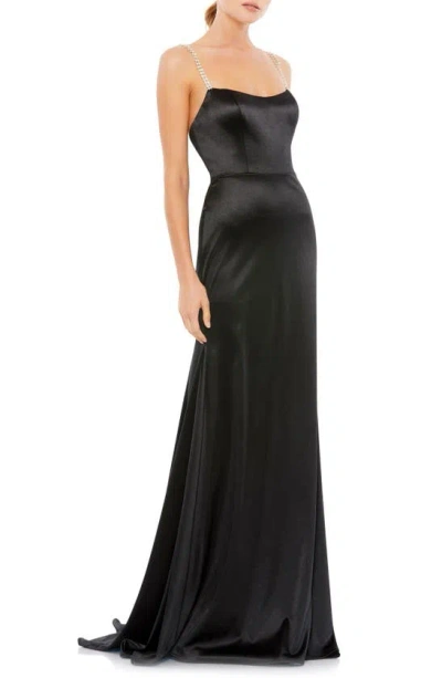 Mac Duggal Rhinestone Strap Satin Trumpet Gown In Black