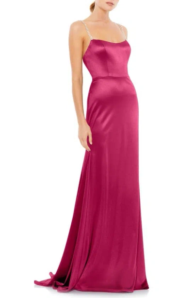 Mac Duggal Rhinestone Strap Satin Trumpet Gown In Hot Pink