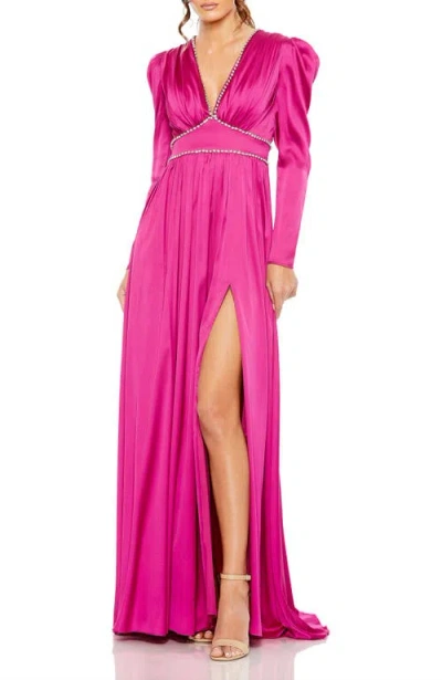 MAC DUGGAL MAC DUGGAL RHINESTONE TRIM LONG PUFF SLEEVE SATIN GOWN
