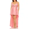 Mac Duggal Rhinestone High Low Pleated Gown In Pink