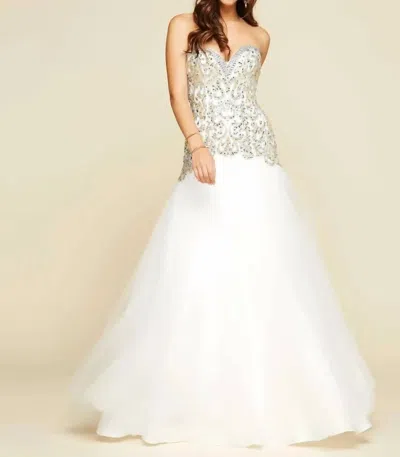 Mac Duggal Rhinestones Embellished Ball Gown In Ivory/gold In Multi