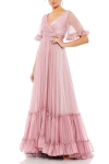 Mac Duggal Romantic Ruffled Butterfly Sleeve Gown With Wrap-over V-neck And Tiered Skirt In Pink
