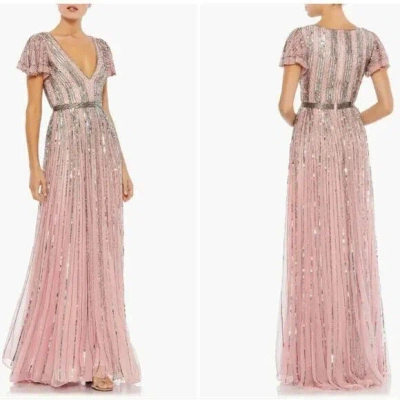 Pre-owned Mac Duggal Rose Pink Stripe Sequin Embellished Evening Gown Size 6 $498