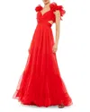Mac Duggal Rosette Chiffon Cutout Empire Waist Gown In Red