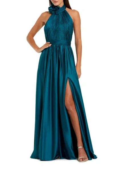 Mac Duggal Pleated Charmeuse High Neck Midi Dress In Blue