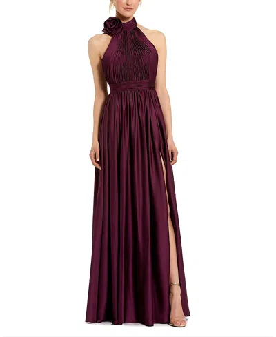 Mac Duggal Rosette Halter Chiffon Evening Gown In Burgundy