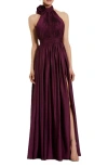 Mac Duggal Rosette Halter Chiffon Evening Gown In Eggplant