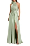 Mac Duggal Rosette Halter Chiffon Evening Gown In Sage