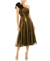 Mac Duggal Rosette One Shoulder Tea Length Dress In Antique Gold