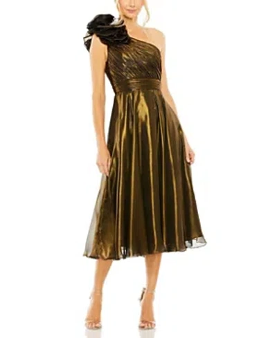 Mac Duggal Rosette One Shoulder Tea Length Dress In Antique Gold