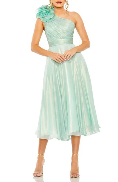 MAC DUGGAL MAC DUGGAL ROSETTE ONE SHOULDER TEA LENGTH DRESS
