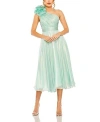 Mac Duggal Rosette One Shoulder Tea Length Dress In Sage