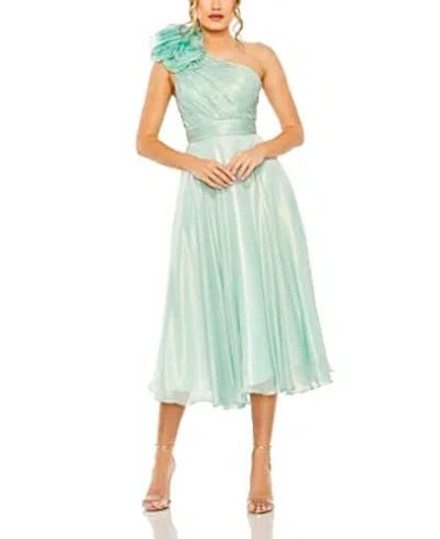 Mac Duggal Rosette One Shoulder Tea Length Dress In Green