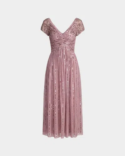 Mac Duggal Ruched Bead And Sequin Mesh Midi Dress In Burgundy