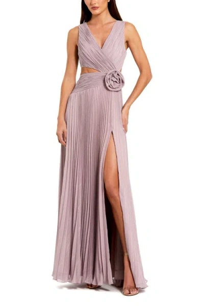 Mac Duggal Ruched Chiffon Sleeveless Gown With 3d Flower In Vintage Lilac