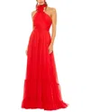 Mac Duggal Asymmetrical Halter Neck Tiered A Line Gown In Red