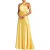 Mac Duggal Ruched Halter Neck Tie Back Satin Gown In Lemon