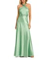 Mac Duggal Ruched Halter Neck Tie Back Satin Gown In Sage