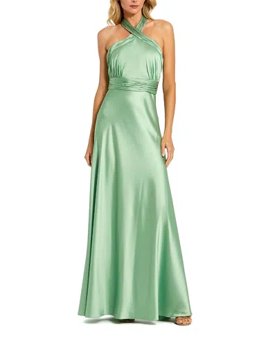Mac Duggal Ruched Halter Neck Tie Back Satin Gown In Sage