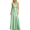Mac Duggal Ruched Halter Neck Tie Back Satin Gown In Sage