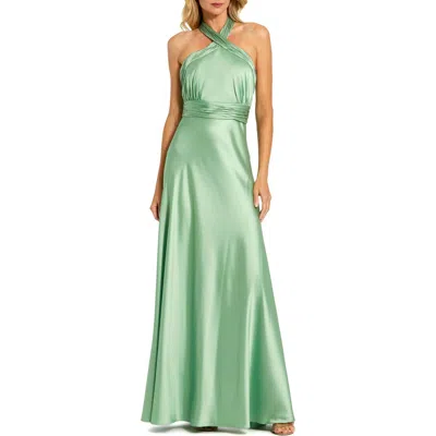 MAC DUGGAL MAC DUGGAL RUCHED HALTER NECK TIE BACK SATIN GOWN