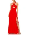 MAC DUGGAL RUCHED HALTER STRAP KEYHOLE CHIFFON GOWN