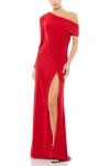Mac Duggal Ruched Jersey Drop-shoulder Faux Wrap Gown In Red