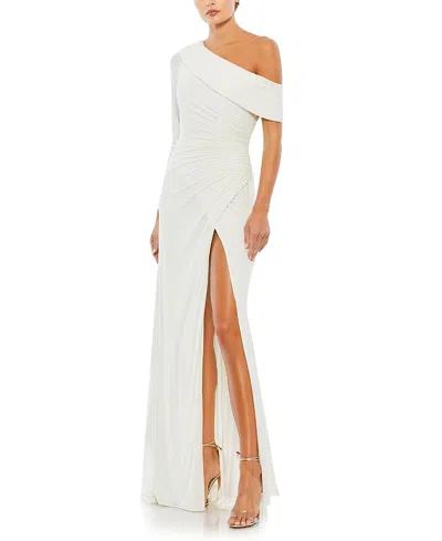 Mac Duggal Ruched Jersey Drop Shoulder Foldover Gown In White