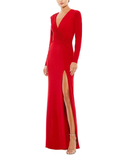 Mac Duggal Ruched Jersey Long Sleeve Column Gown In Red