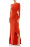 Mac Duggal Long Sleeve Jersey Evening Gown In Brick