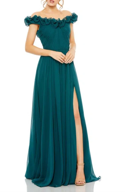 Mac Duggal Ruched Off The Shoulder A Line Gown In Teal