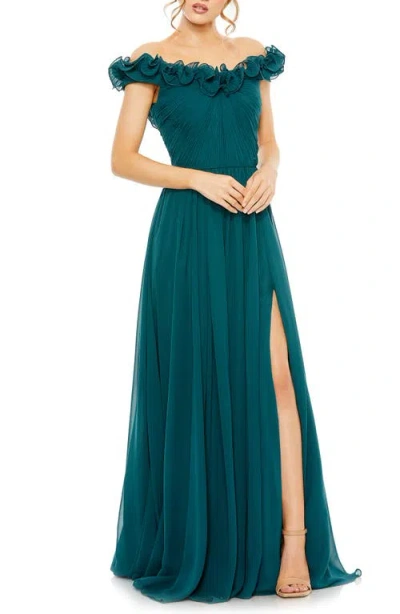 Mac Duggal Women's Frill Chiffon Off-the-shoulder A-line Gown In Teal