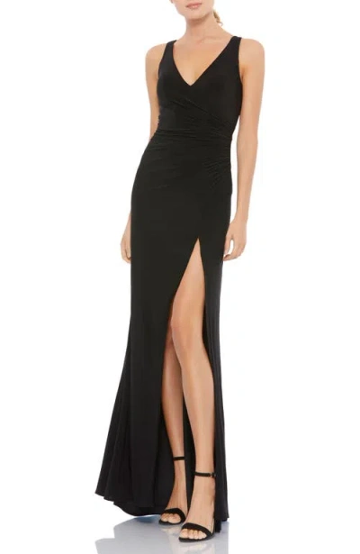 Mac Duggal Ruched Stretch Jersey V-neck Gown In Black